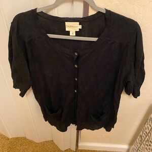 DKNY PURE WOMEN CARDIGAN SIZE M NAVY METALLIC TOP BUTTON DOWN SHORT PUFF SLEEVES